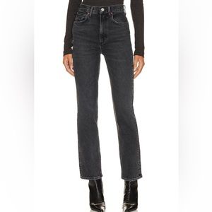 AGOLDE HIGH RISE STOVE PIPE JEAN IN GREY BLACK METAL 25